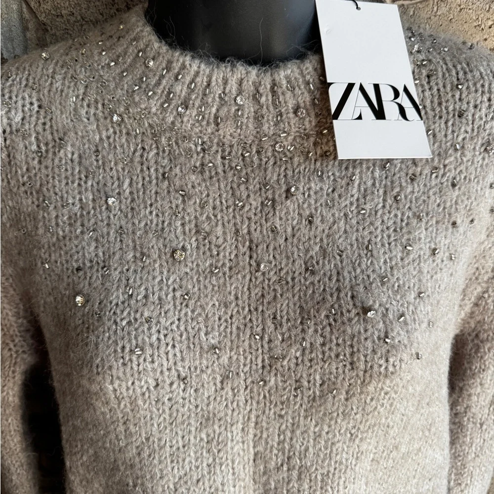 ZARA Beige Gray Rhinestone Knit Sweater Size S Wool Blend NWT